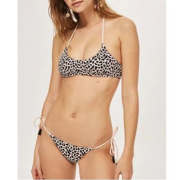 NWOT Topshop Leopard Shirred Smocked Tasseled Bikini Set Size 4 - Picture 1 of 10
